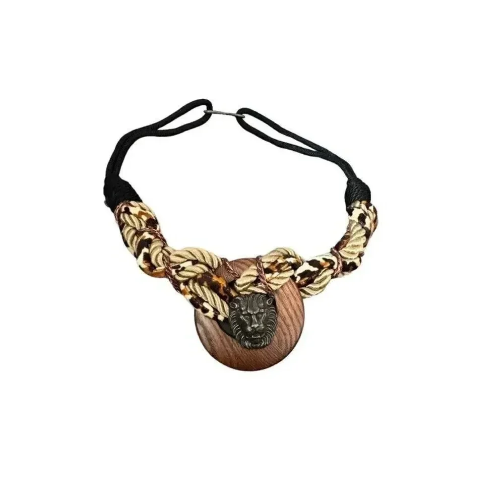 Vintage 80's statement belt lion head jungle braided stretchy one size